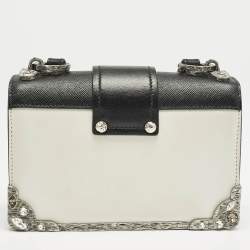 Prada White/Black Saffiano and Leather Crystal Embellished Cahier Crossbody Bag