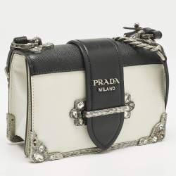 Prada White/Black Saffiano and Leather Crystal Embellished Cahier Crossbody Bag