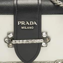 Prada White/Black Saffiano and Leather Crystal Embellished Cahier Crossbody Bag