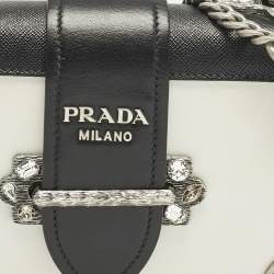 Prada White/Black Saffiano and Leather Crystal Embellished Cahier Crossbody Bag