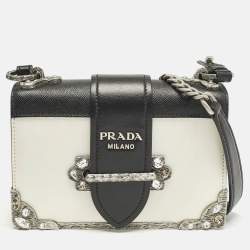 Prada White/Black Saffiano and Leather Crystal Embellished Cahier Crossbody Bag