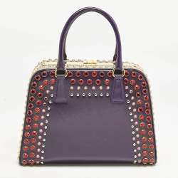 Prada Purple/Grey Saffiano Patent Leather Studded Pyramid Frame Satchel