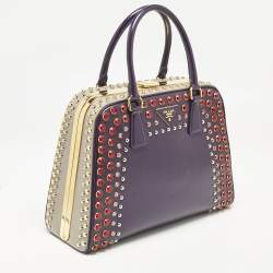 Prada Purple/Grey Saffiano Patent Leather Studded Pyramid Frame Satchel