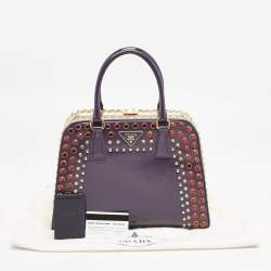 Prada Purple/Grey Saffiano Patent Leather Studded Pyramid Frame Satchel