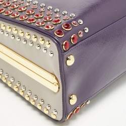 Prada Purple/Grey Saffiano Patent Leather Studded Pyramid Frame Satchel
