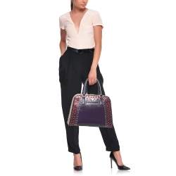 Prada Purple/Grey Saffiano Patent Leather Studded Pyramid Frame Satchel