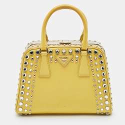 Prada Yellow/Cream Saffiano Patent Leather Small Studded Pyramid Frame Bag