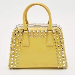 Prada Yellow/Cream Saffiano Patent Leather Small Studded Pyramid Frame Bag