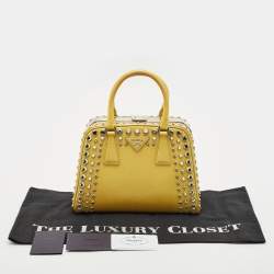 Prada Yellow/Cream Saffiano Patent Leather Small Studded Pyramid Frame Bag