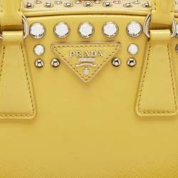 Prada Yellow/Cream Saffiano Patent Leather Small Studded Pyramid Frame Bag