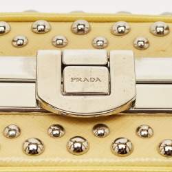 Prada Yellow/Cream Saffiano Patent Leather Small Studded Pyramid Frame Bag
