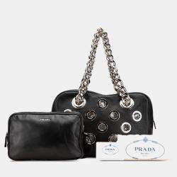 Prada Black Vitello Daino Grommet Chain Handbag