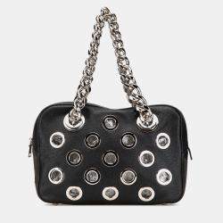 Prada Black Vitello Daino Grommet Chain Handbag