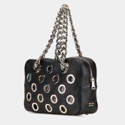 Prada Black Vitello Daino Grommet Chain Handbag