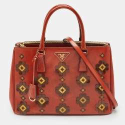 Prada Brick Red Patent Leather Medium Floral Applique Double Zip Tote