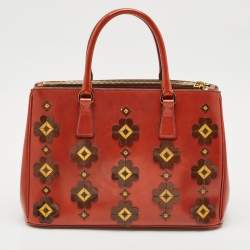 Prada Brick Red Patent Leather Medium Floral Applique Double Zip Tote