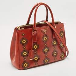 Prada Brick Red Patent Leather Medium Floral Applique Double Zip Tote