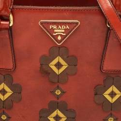Prada Brick Red Patent Leather Medium Floral Applique Double Zip Tote
