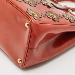 Prada Brick Red Patent Leather Medium Floral Applique Double Zip Tote