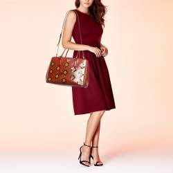 Prada Brick Red Patent Leather Medium Floral Applique Double Zip Tote