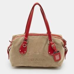 Prada Red/Beige Canvas Logo Jacquard Boston Bag