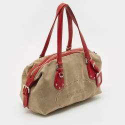 Prada Red/Beige Canvas Logo Jacquard Boston Bag