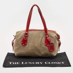 Prada Red/Beige Canvas Logo Jacquard Boston Bag