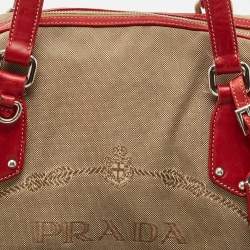 Prada Red/Beige Canvas Logo Jacquard Boston Bag