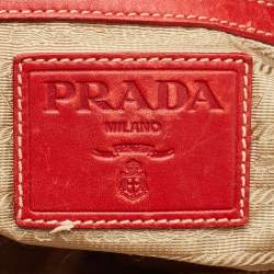Prada Red/Beige Canvas Logo Jacquard Boston Bag