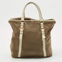 Prada White/Beige Logo Jacquard Canvas and Leather Tote