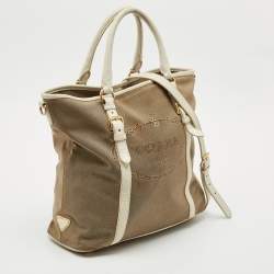Prada White/Beige Logo Jacquard Canvas and Leather Tote