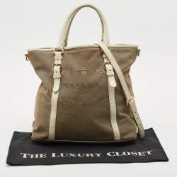 Prada White/Beige Logo Jacquard Canvas and Leather Tote