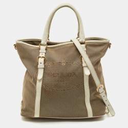 Prada White/Beige Logo Jacquard Canvas and Leather Tote