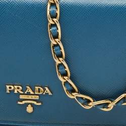 Prada Blue Saffiano Lux Leather Logo Flap Wallet On Chain