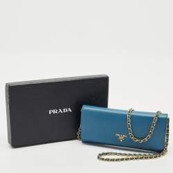 Prada Blue Saffiano Lux Leather Logo Flap Wallet On Chain