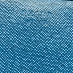 Prada Blue Saffiano Lux Leather Logo Flap Wallet On Chain