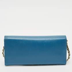 Prada Blue Saffiano Lux Leather Logo Flap Wallet On Chain
