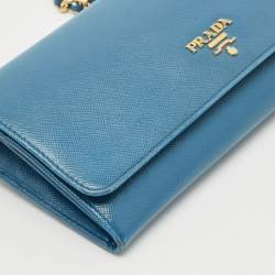 Prada Blue Saffiano Lux Leather Logo Flap Wallet On Chain