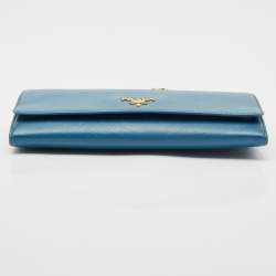 Prada Blue Saffiano Lux Leather Logo Flap Wallet On Chain