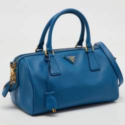 Prada Blue Saffiano Lux Leather Zip Boston Bag
