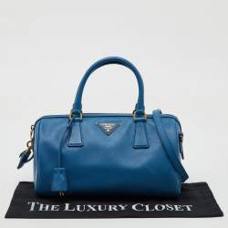 Prada Blue Saffiano Lux Leather Zip Boston Bag