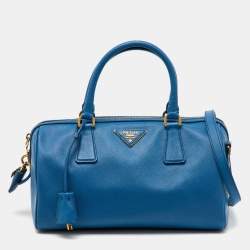 Prada Blue Saffiano Lux Leather Zip Boston Bag