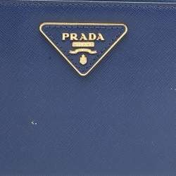 Prada Blue Saffiano Lux Leather Triangle Zip Around Wallet