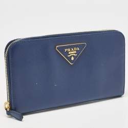 Prada Blue Saffiano Lux Leather Triangle Zip Around Wallet