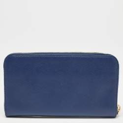 Prada Blue Saffiano Lux Leather Triangle Zip Around Wallet