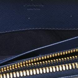 Prada Blue Saffiano Lux Leather Triangle Zip Around Wallet