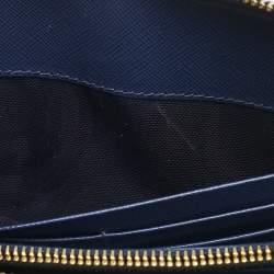 Prada Blue Saffiano Lux Leather Triangle Zip Around Wallet
