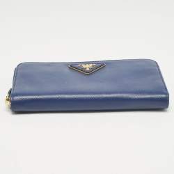 Prada Blue Saffiano Lux Leather Triangle Zip Around Wallet