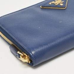 Prada Blue Saffiano Lux Leather Triangle Zip Around Wallet