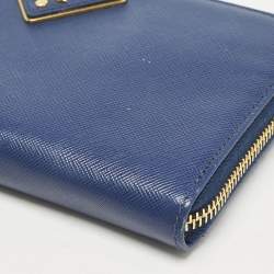 Prada Blue Saffiano Lux Leather Triangle Zip Around Wallet